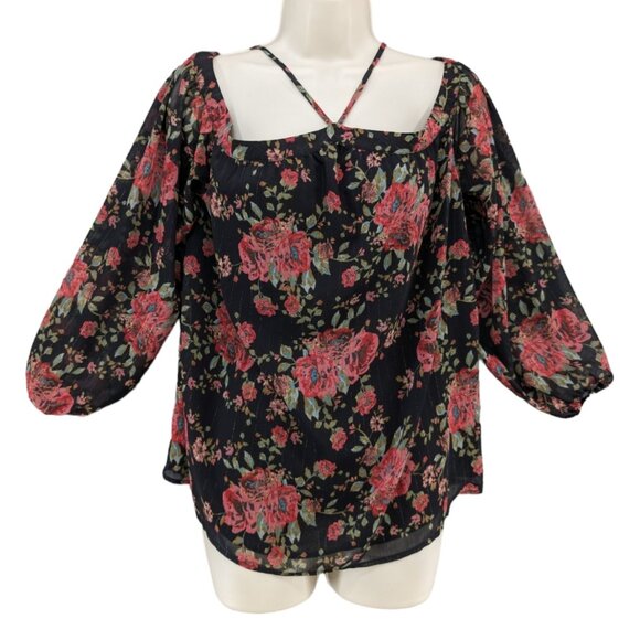 WAYF Liberty Off The Shoulder Blouse Womens Black Red Floral Metallic Size M - Picture 1 of 11
